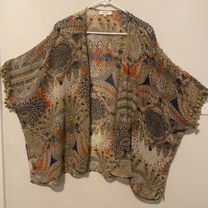 Umgee Chiffon Floral Open Cardigan Short Sleeve with Tassels S/M